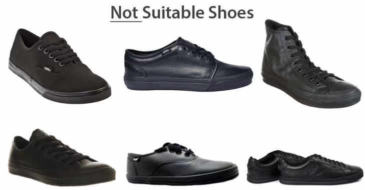Six pairs of black shoes labeled as not suitable footwear, including sneakers and casual shoes.