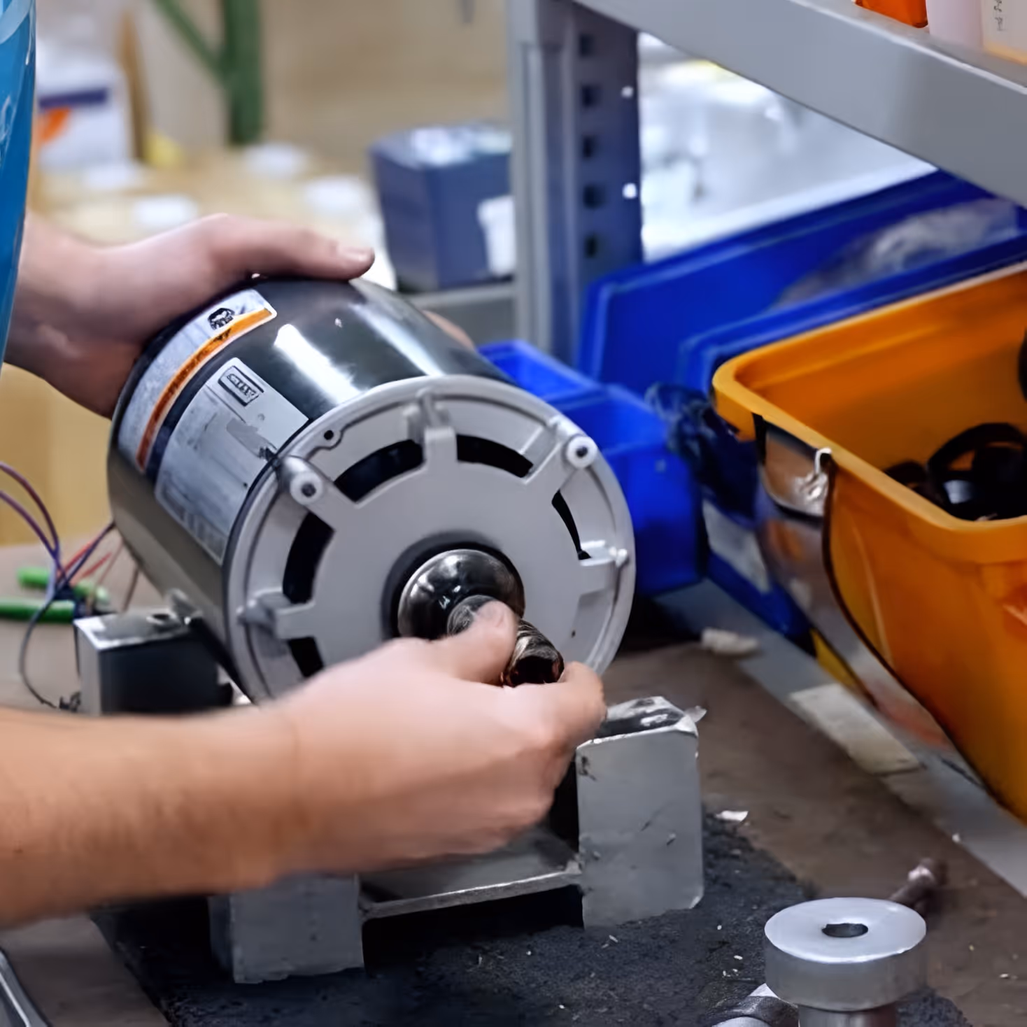 Hands holding and inspecting an industrial electric motor on a workbench with tools and storage bins nearby.