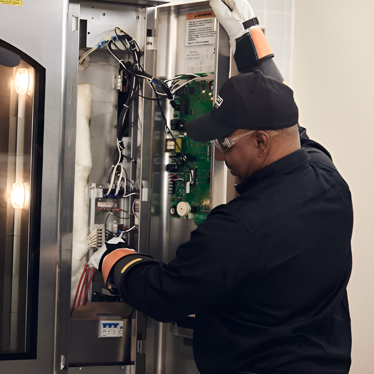Technician in protective gloves and glasses working on wiring inside an open metal electrical panel.