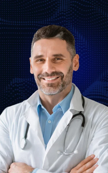 Two doctors and a businessman walking together, engaged in conversation against a blue dotted background.