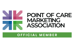 Point of Care Marketing Association official member badge with a colorful cross symbol.