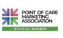 Point of Care Marketing Association official member badge with a colorful cross symbol.