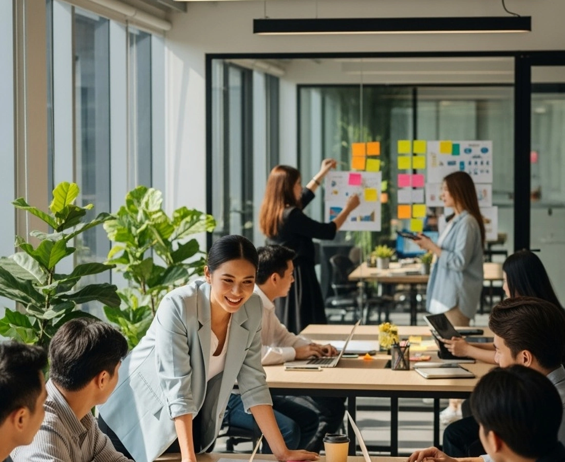 Diverse team collaborating in a bright modern office, with colleagues working together around tables and placing colorful sticky notes on a presentation board.