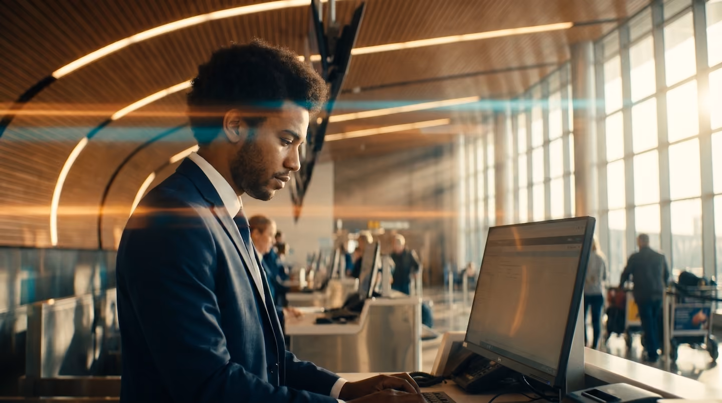 An airline customer agent working at a modern airport check-in counter.