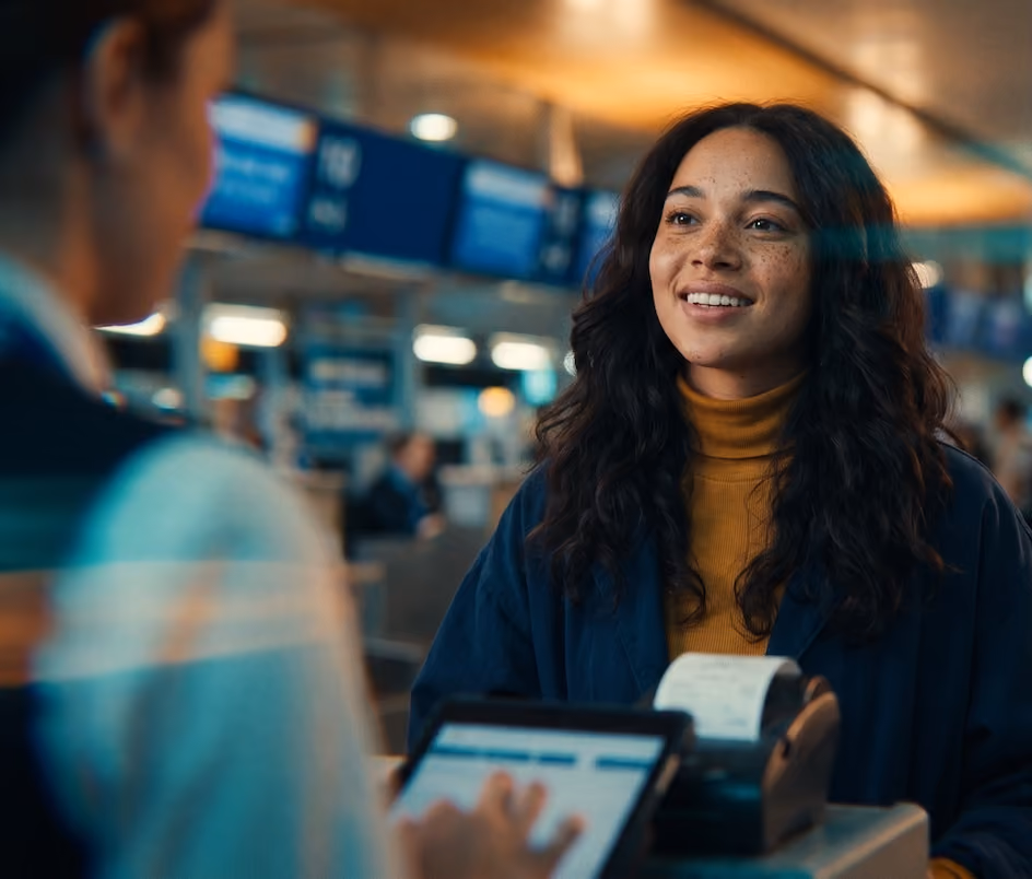 Smiling woman at an airport check-in counter speaking to staff using a handheld device.
