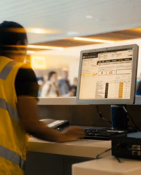 An airline customer service manager in yellow safety vest using Ink's departure control system at the check-in counter in a busy airport.