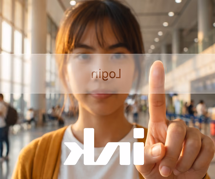 A young traveller using a biometric mode, reflected through a transparent screen, to login with her index finger.