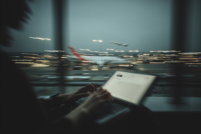 Ground staff looking onto the tablet screen at the airport boarding gate.