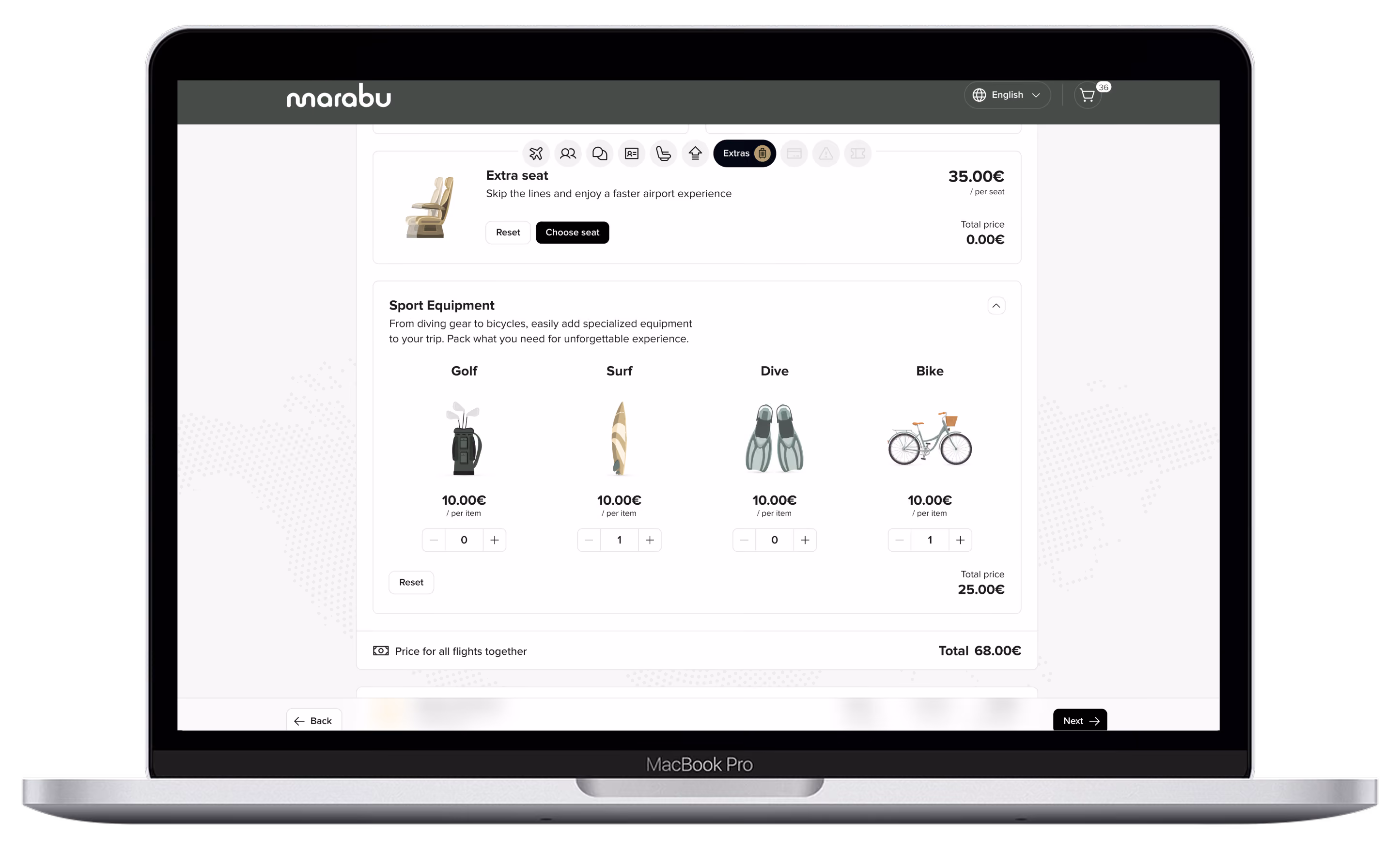 Baggage and sports equipment selection in Marabu Airlines web check-in