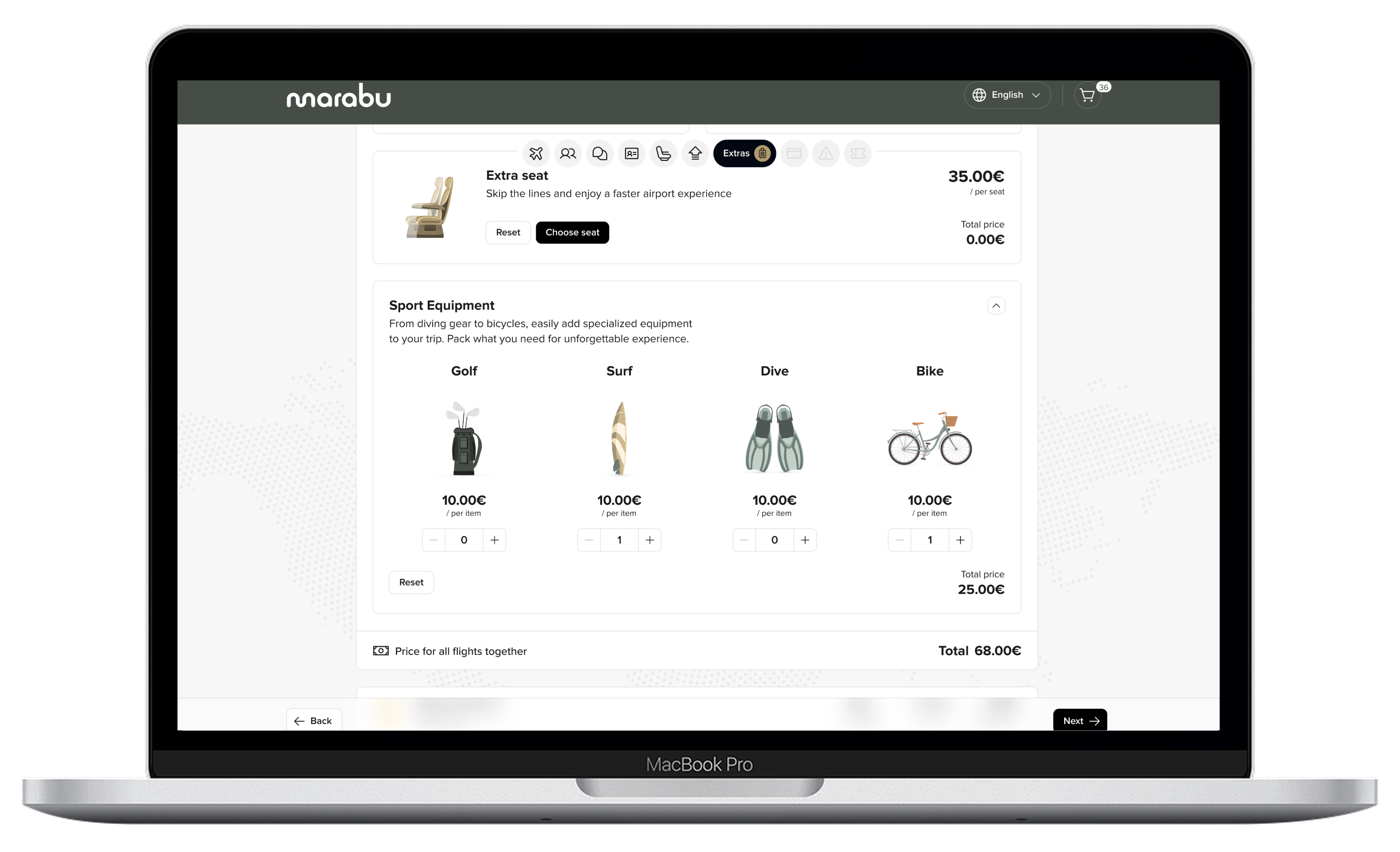 Baggage and sports equipment selection in Marabu Airlines web check-in