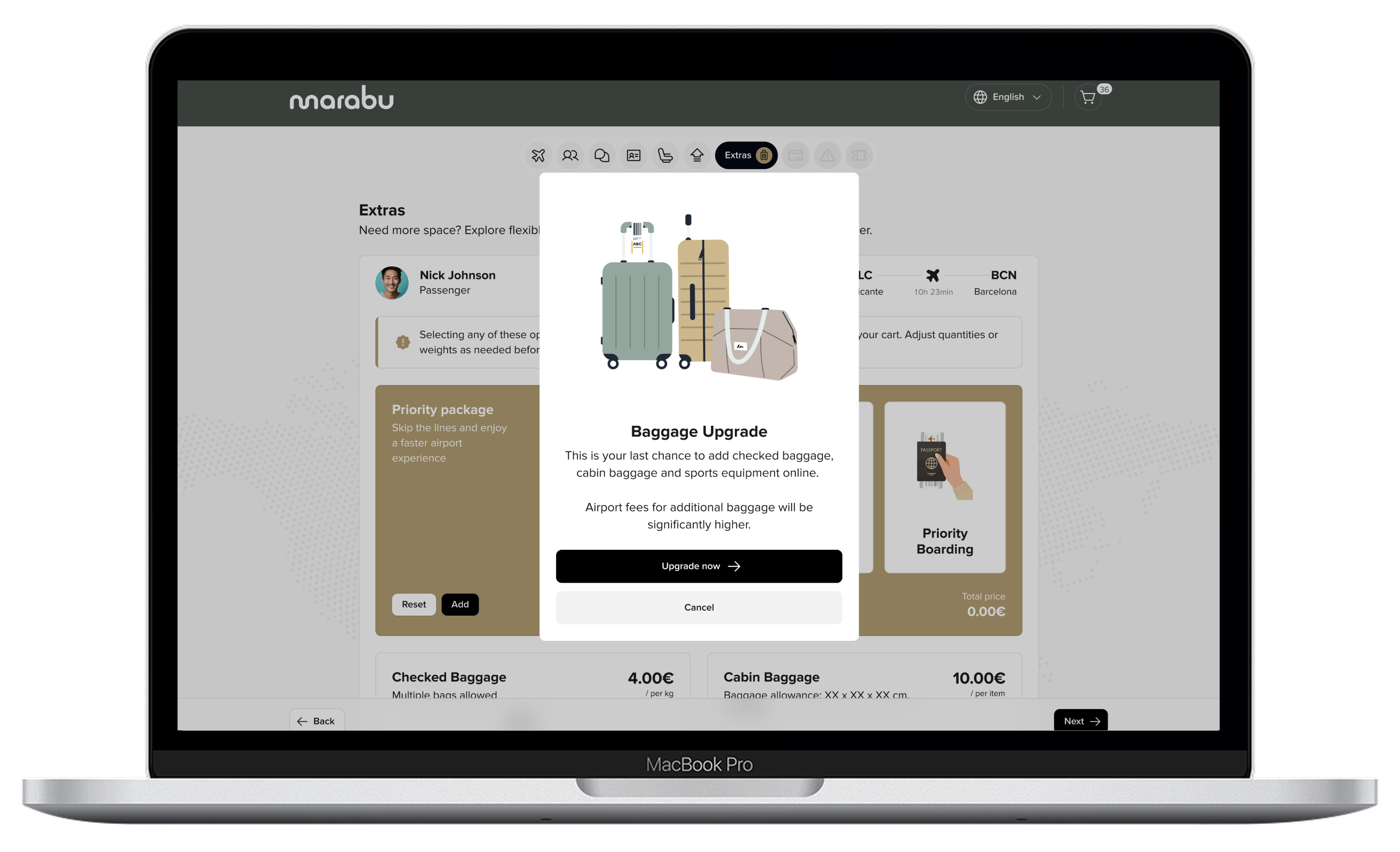 Cabin upgrade offer during Marabu Airlines online check-in