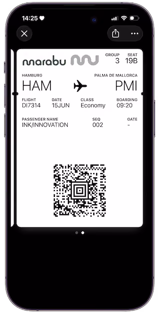 Digital boarding pass in the Wallet by Marabu Airlines