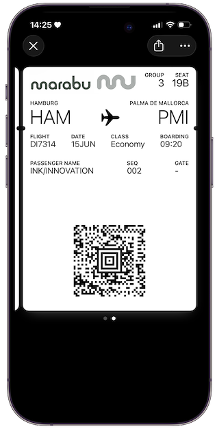 Digital boarding pass in the Wallet by Marabu Airlines