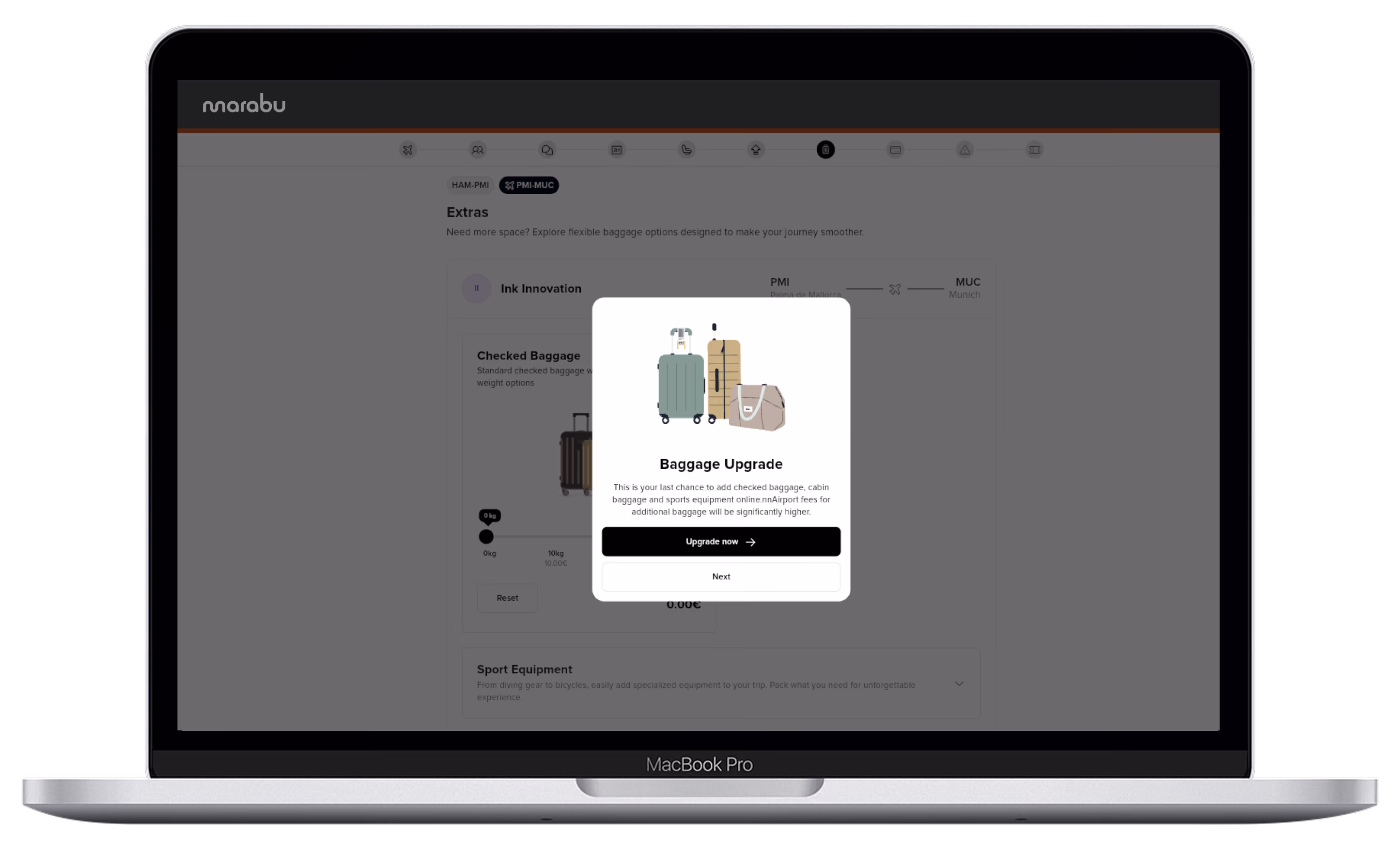 Baggage upgrade features in the Marabu Airlines' web check-in system.