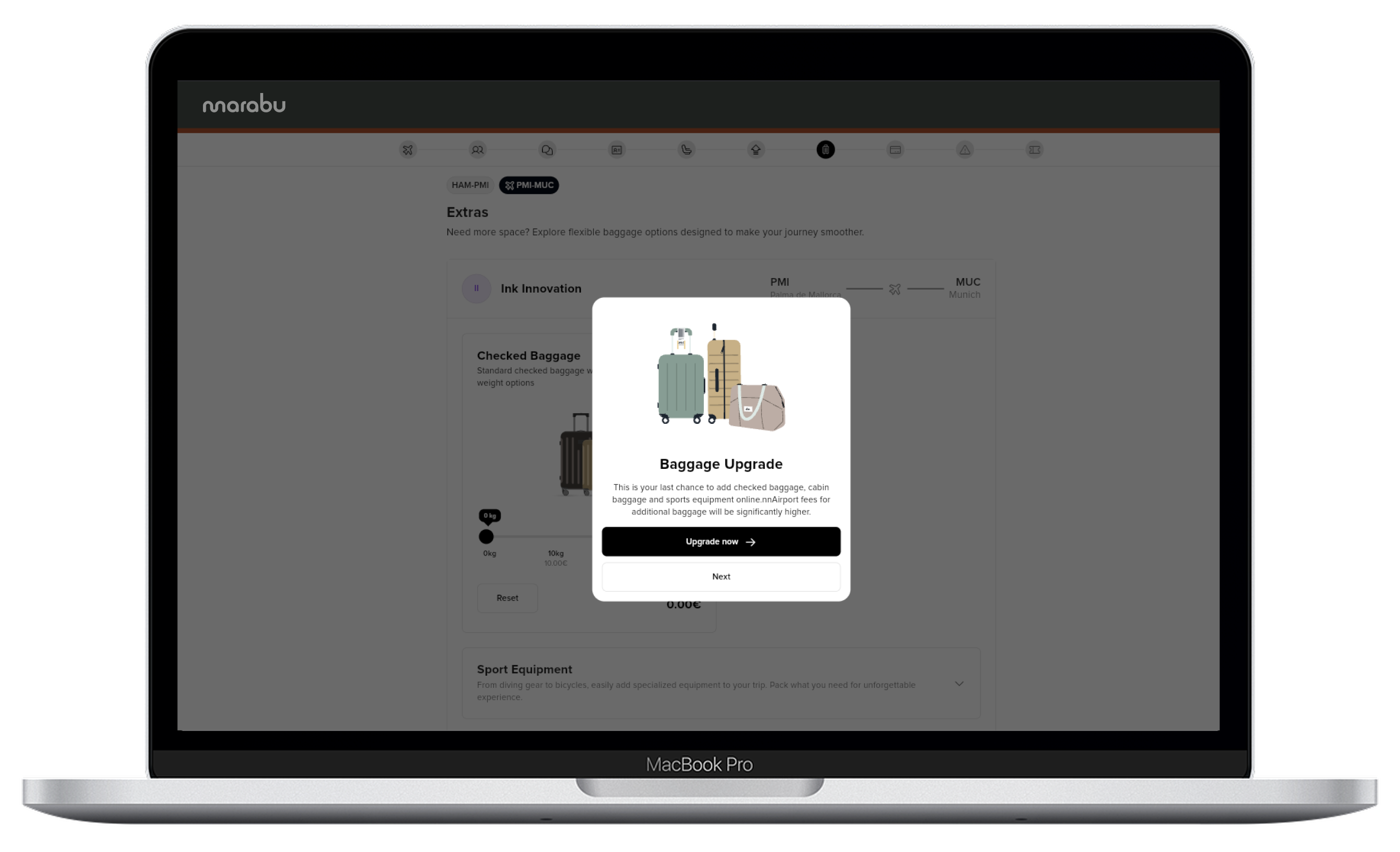 Baggage upgrade features in the Marabu Airlines' web check-in system.
