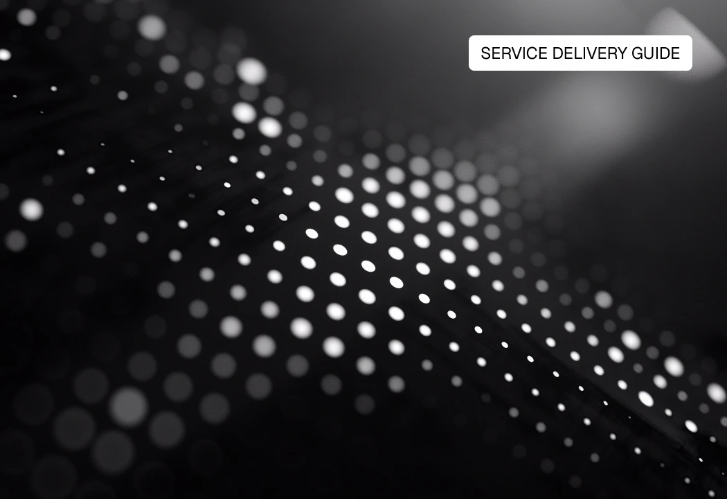 Abstract dark graphic with a scattered dot pattern, shared visual for Ink's Service Delivery FAQ series