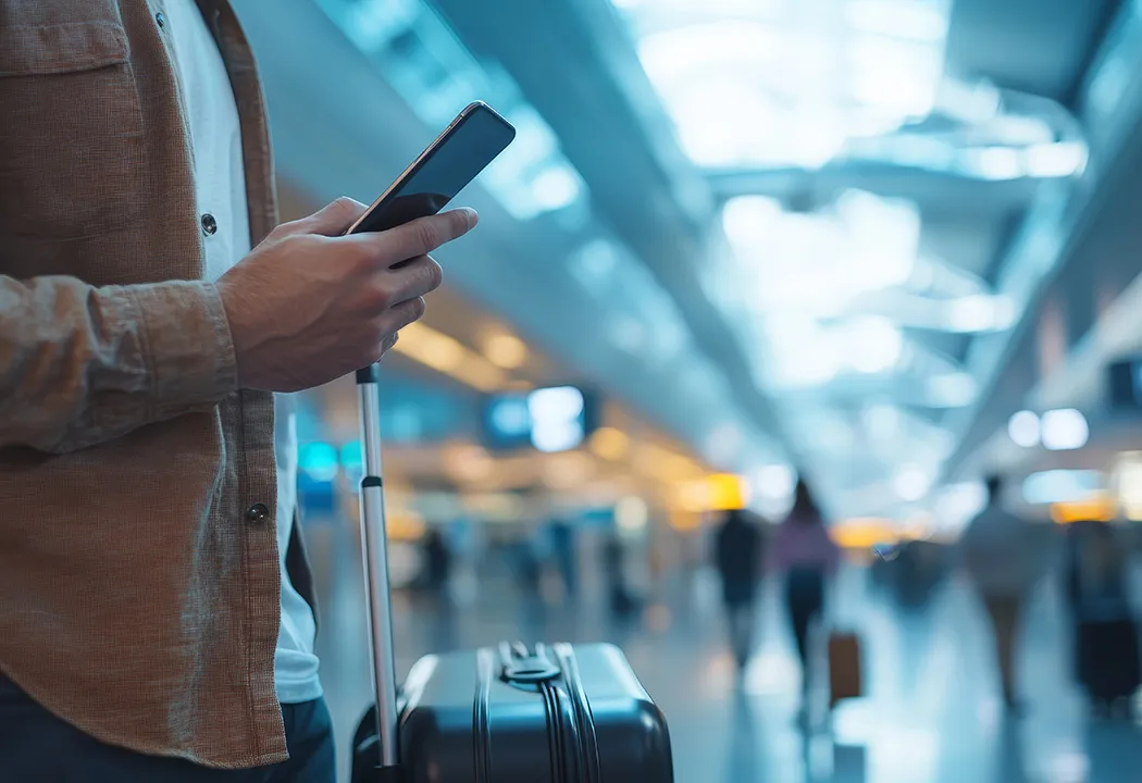 Latin American airport with a passenger using a mobile device for check-in