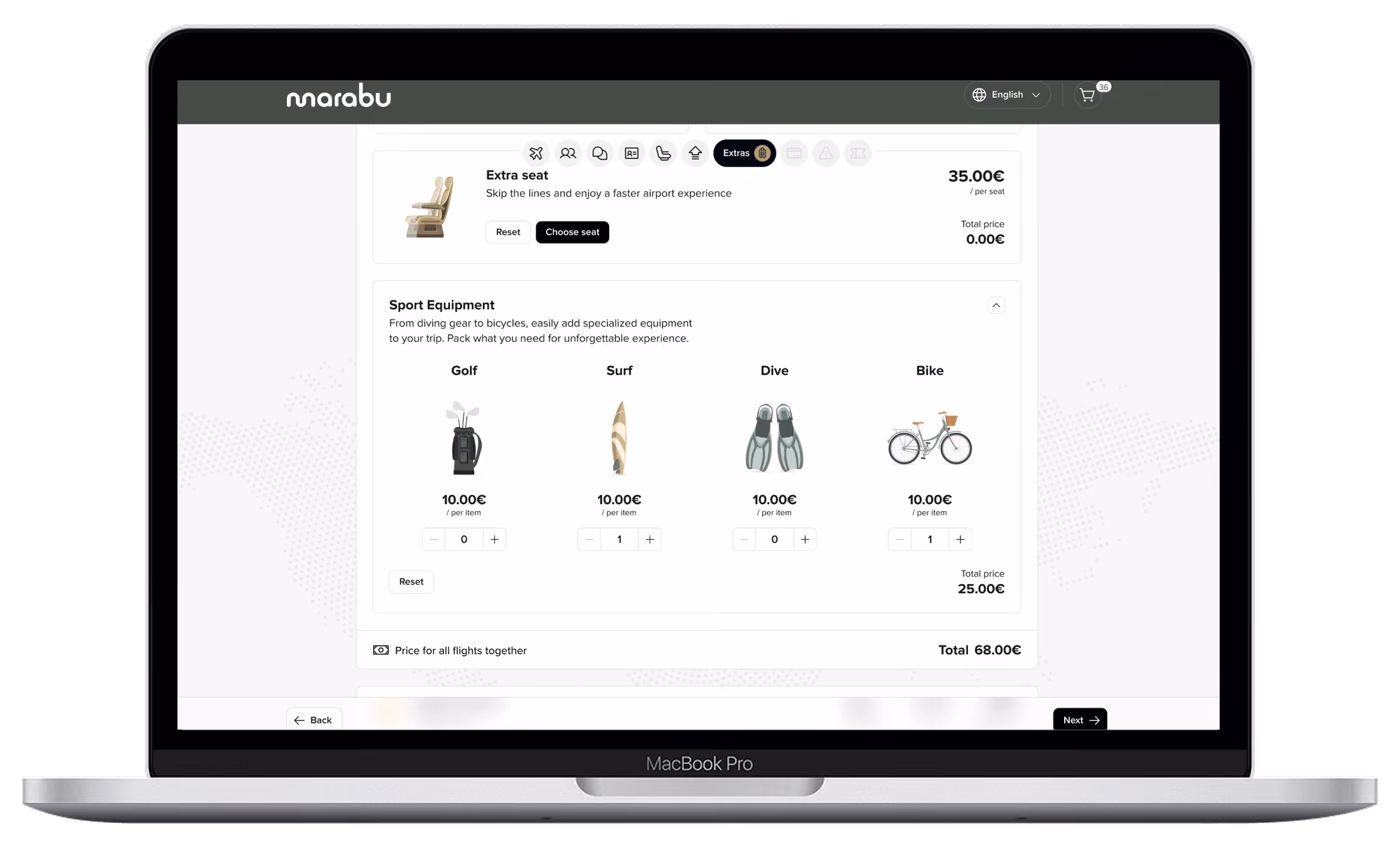 Baggage and sports equipment selection in Marabu Airlines web check-in