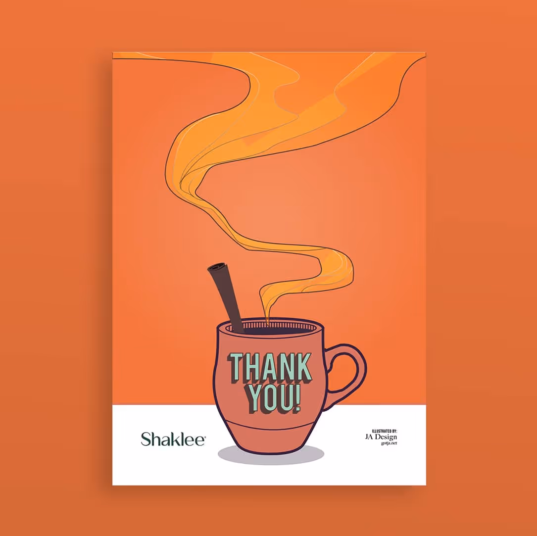 Shaklee fall thank-you card with warm-drink illustration