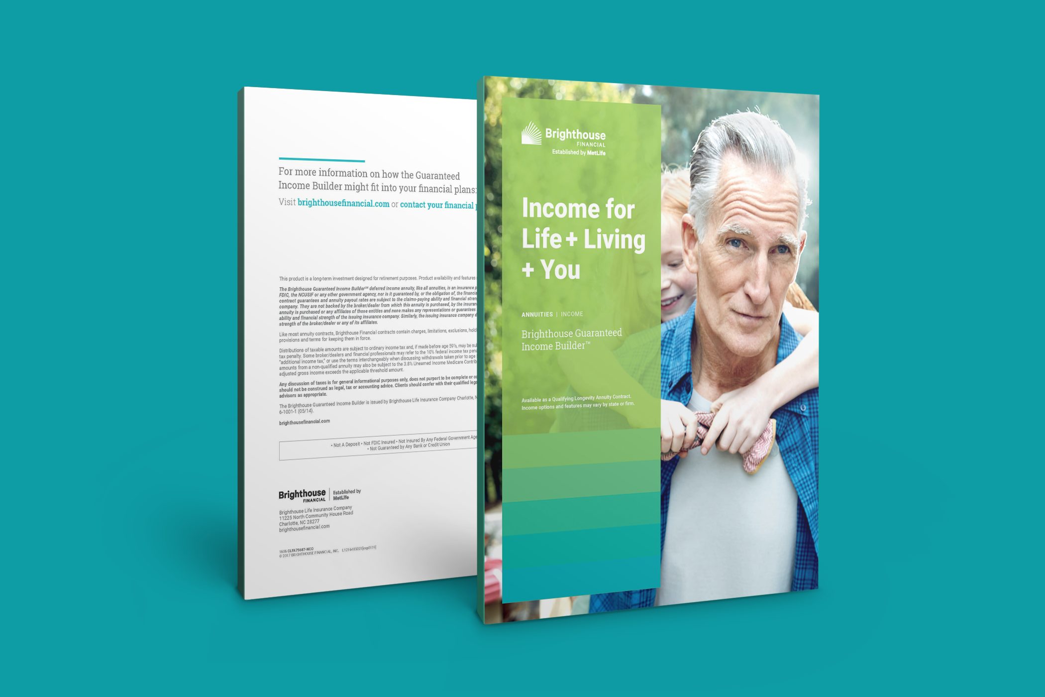 Brighthouse Financial Income for Life brochure covers on a teal background