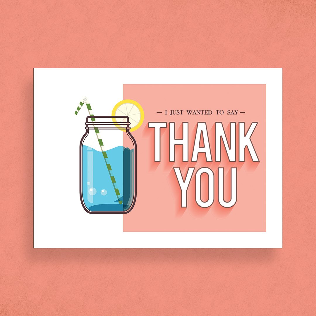 Shaklee coral thank-you card with lemon-garnished jar illustration
