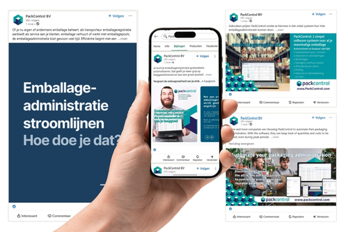 Beelden van de LinkedIn-posts van PackControl op verschillende formaten.