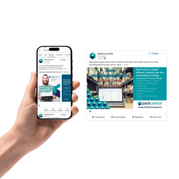 Beelden van LinkedIn-posts van PackControl op een mobiel scherm en als afbeelding.
