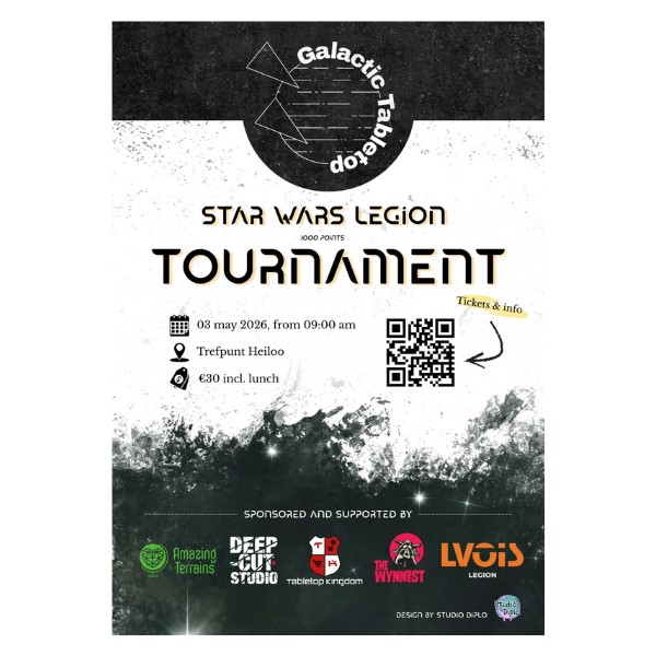 Flyer als aankondiging van een Star Wars Legion toernooi van Galactic Tabletop.
