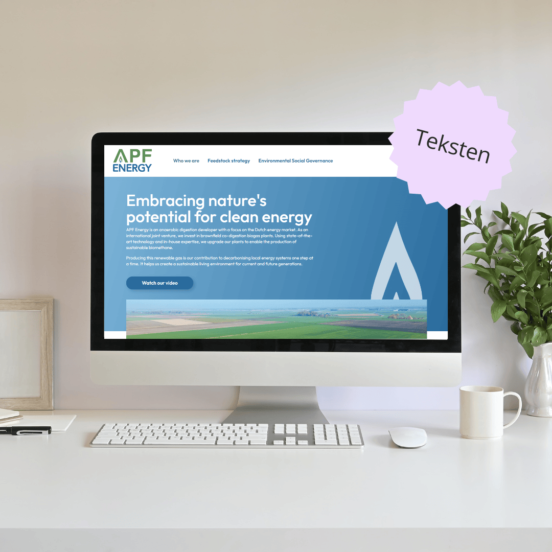 Mockup van de website van APF Energy op een desktopscherm. Voor deze website heeft JD&D de teksten verzorgd.