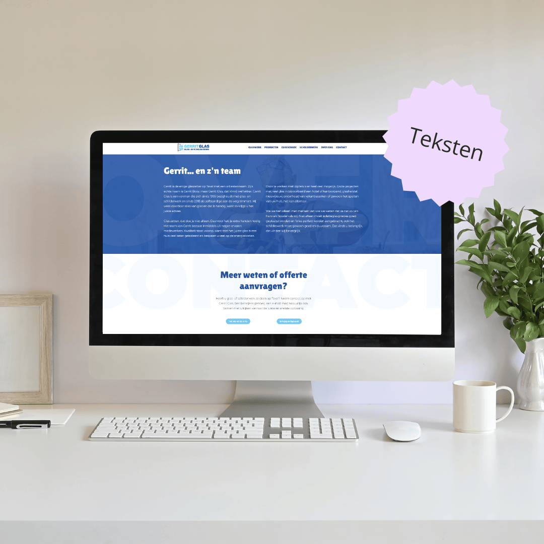 Mockup van de website van Gerrit Glas op een desktopscherm. Voor deze site heeft JD&D de teksten verzorgd.