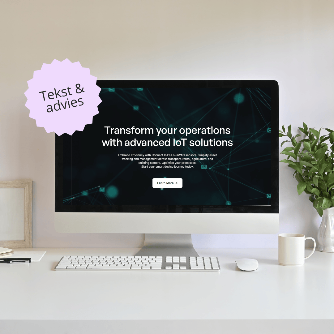 Mockup van de website van Connect IoT op een desktopscherm. Voor deze site heeft JD&D de teksten geschreven.