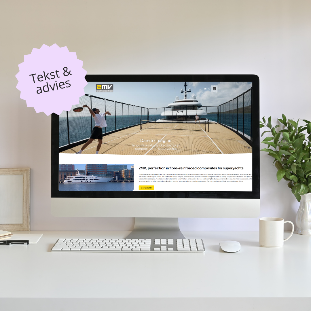Mockup van de website van 2MV Composites op een desktopscherm. Voor deze website heeft JD&D advies gegeven en de teksten geschreven.