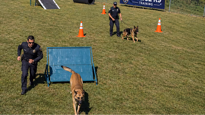 Two police officers conducting K9 training outdoors with their dogs on grassy field with agility equipment and traffic cones.