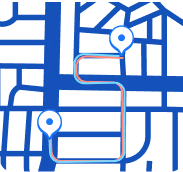 Abstract map with two location pins connected by a route showing a path with blue dashed and red solid lines.