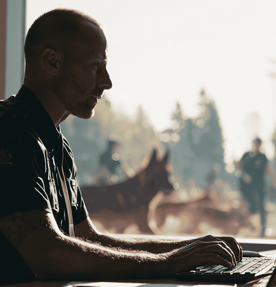 Profile of a bald man with a beard wearing a dark short-sleeve shirt, typing on a keyboard with blurred police officers and police dogs visible outside a window in the background.