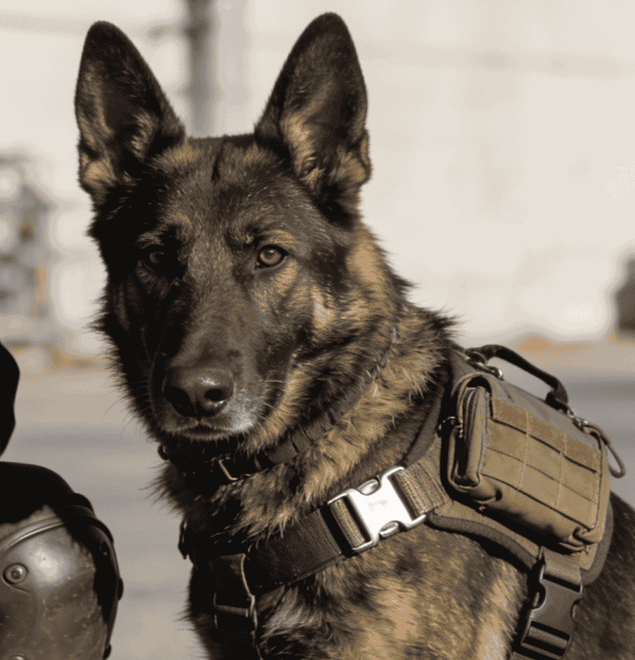 Close-up of a German Shepherd wearing a tactical harness with a pouch attached, looking directly at the camera.