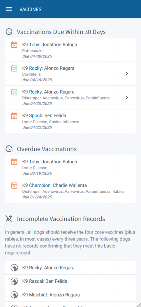 Supervisor's Vaccines page in the app