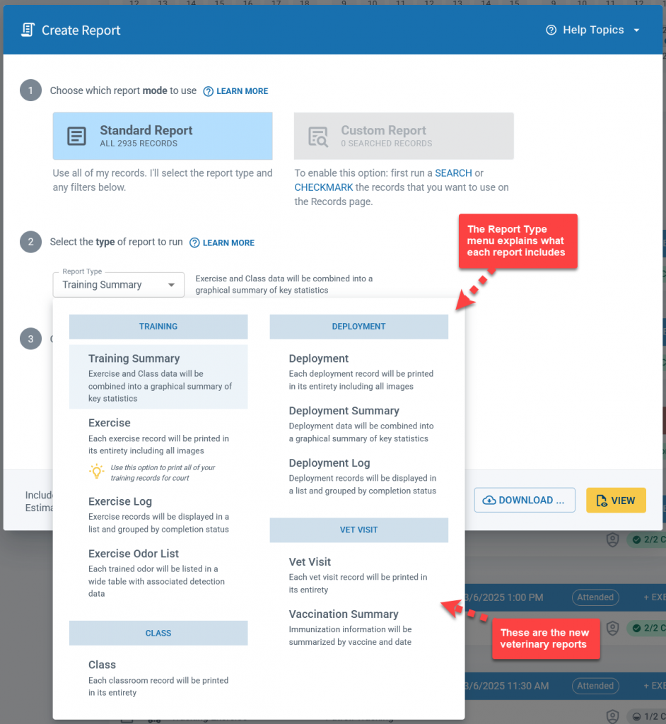 Create Report dialog showing new veterinary reports