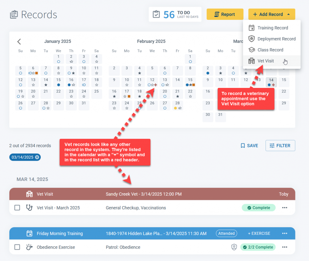 K9 vet records work the same as other PACKTRACK records
