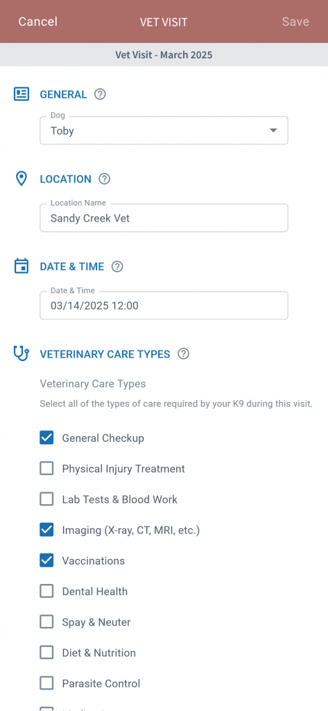 Add a K9 vet visit record in the PACKTRACK app