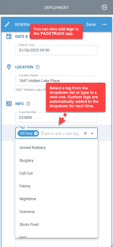 Adding a tag to a K9 deployment record on a phone