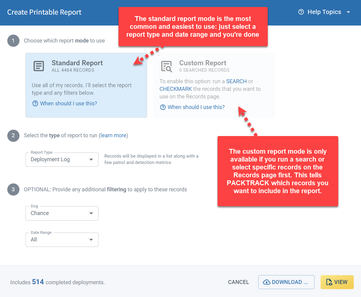 Reports Dialog Showing Standard & Custom Reports