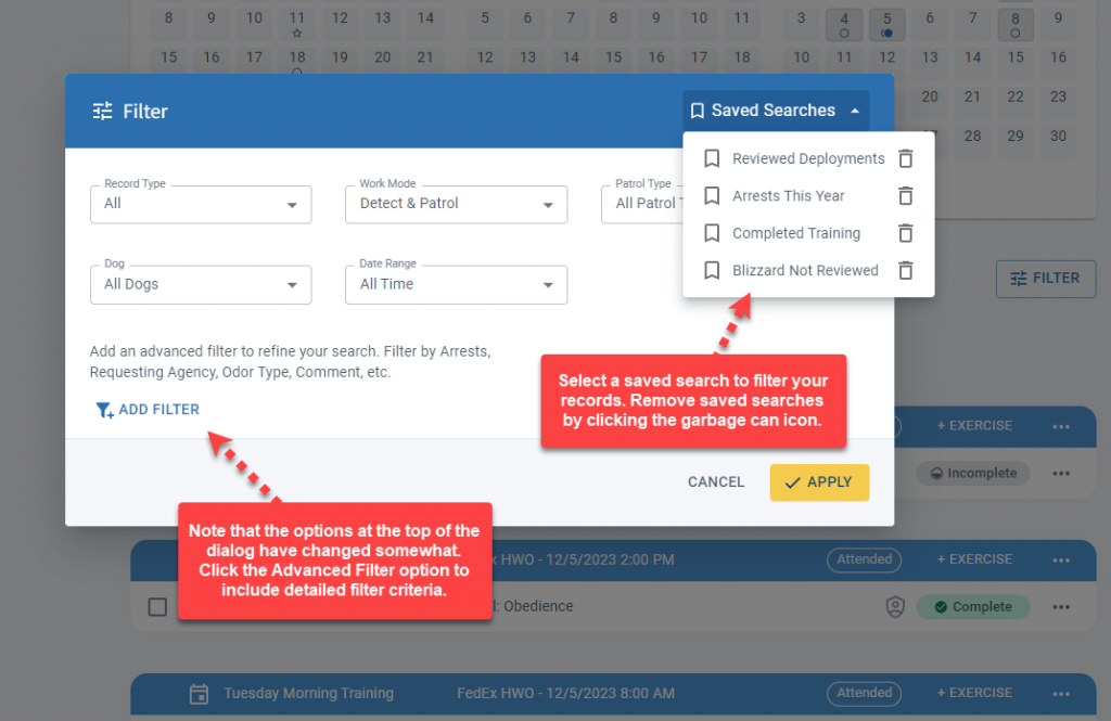 K9 record filtering dialog