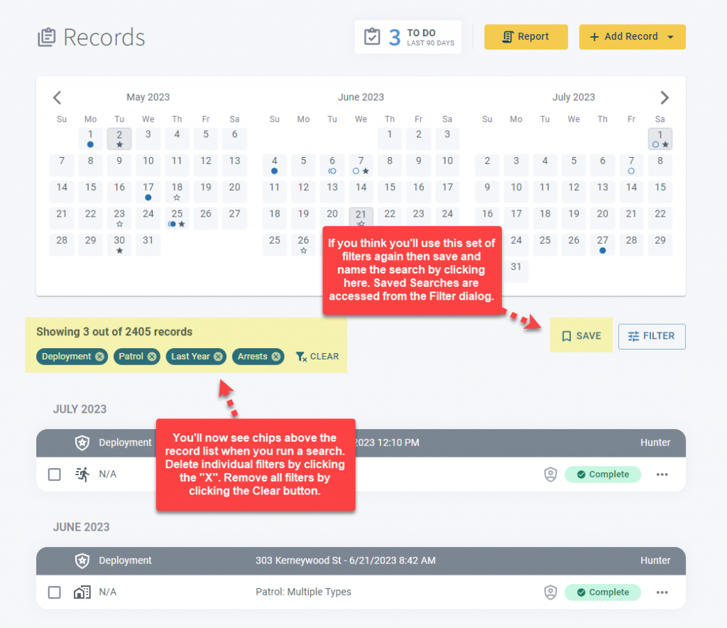 Record filter chips and the Save Search button
