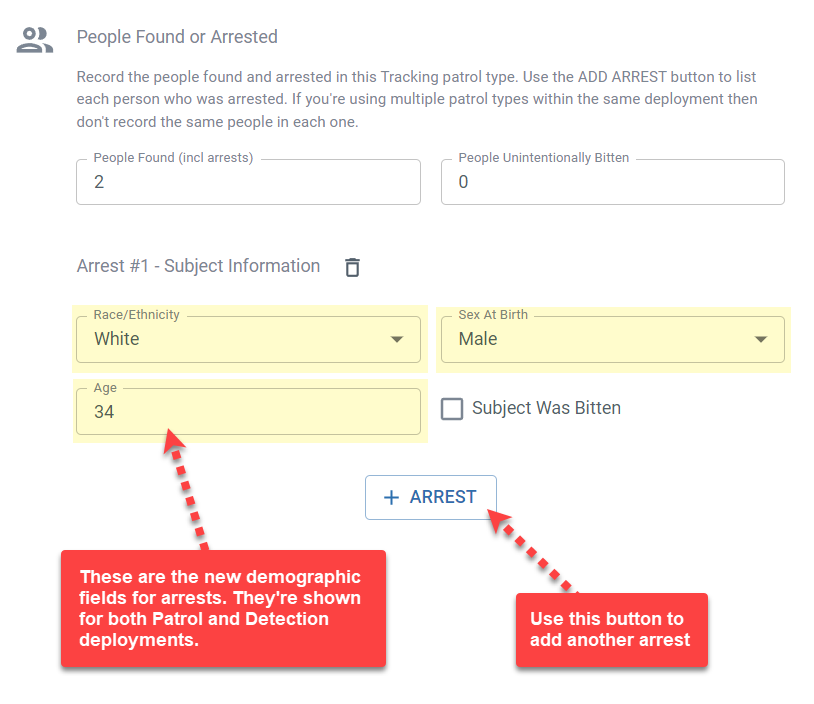 New demographic data fields for arrests