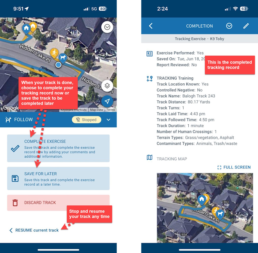 Handler options when stopping the track (complete, save, discard or resume)