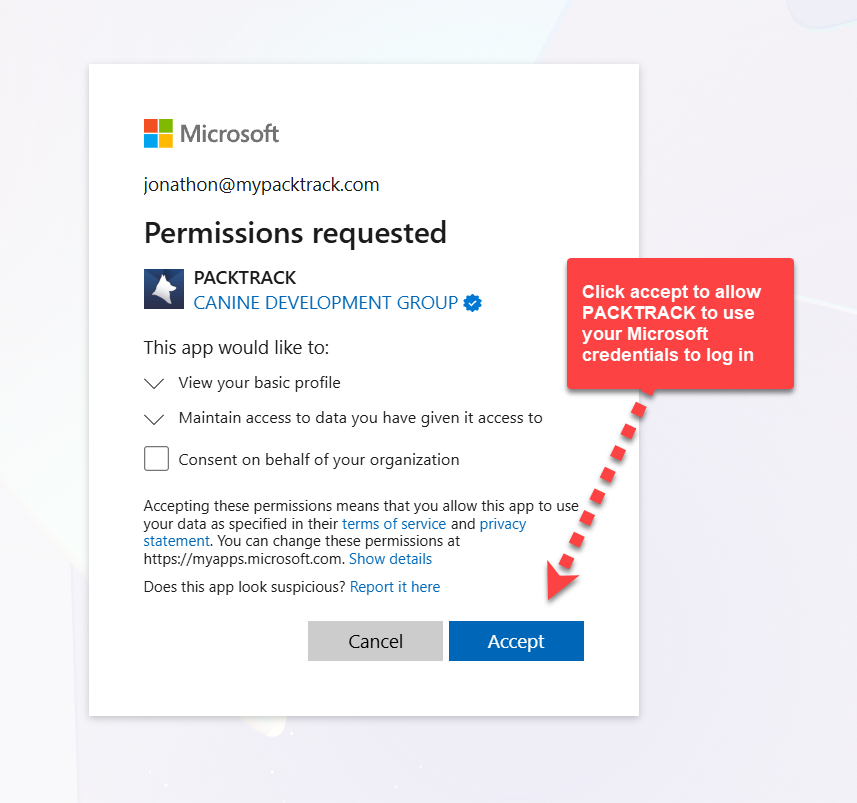 Microsoft account permissions dialog