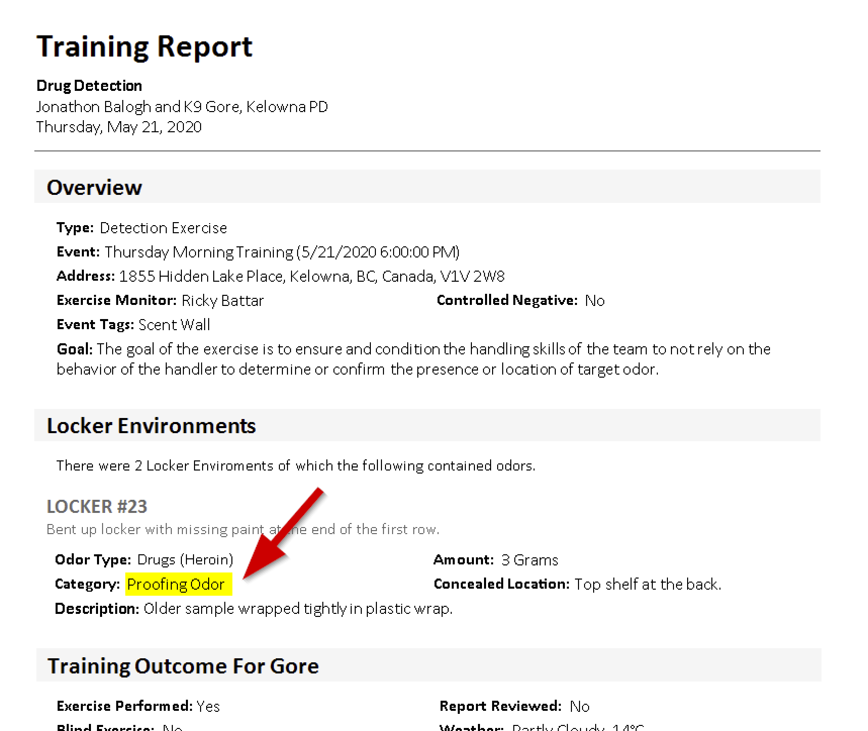 Training Report showing Category Proofing Odor for Gore
