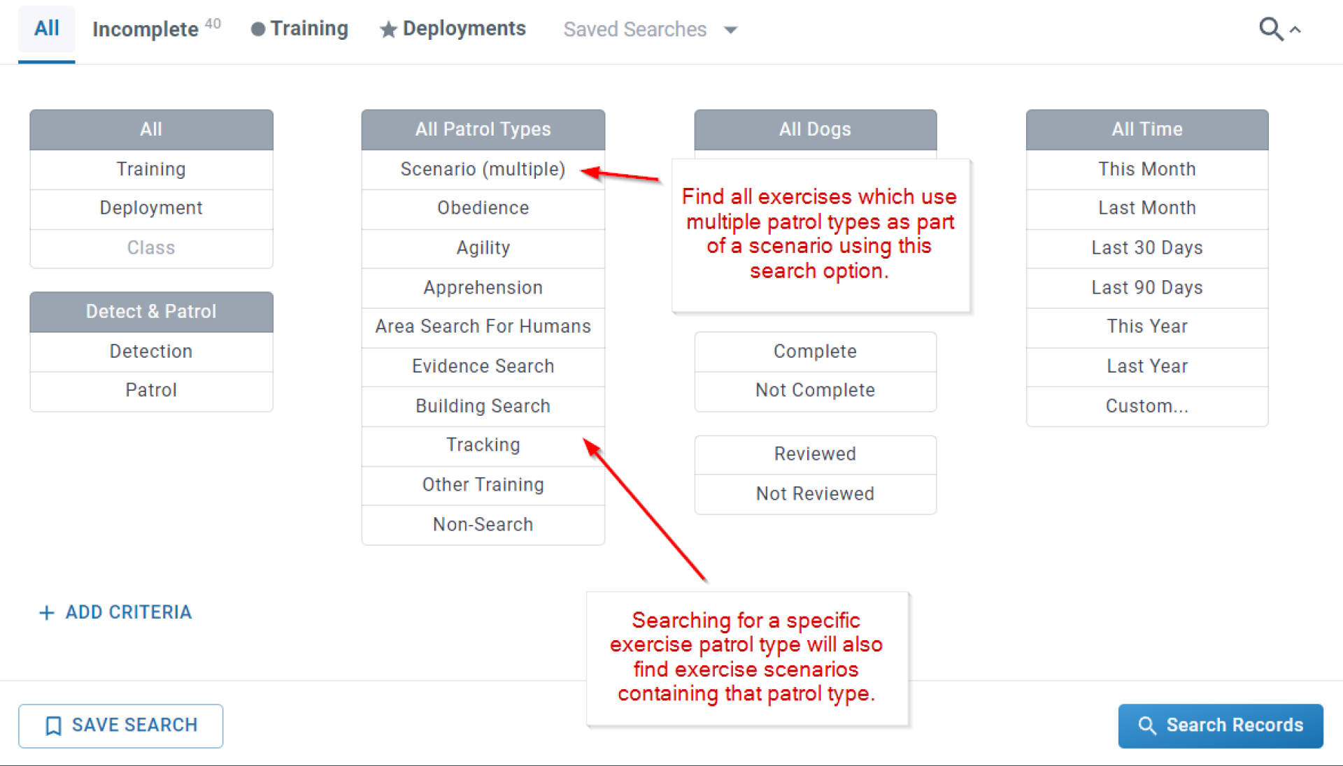 Search records for scenario multiple patrol type exercises