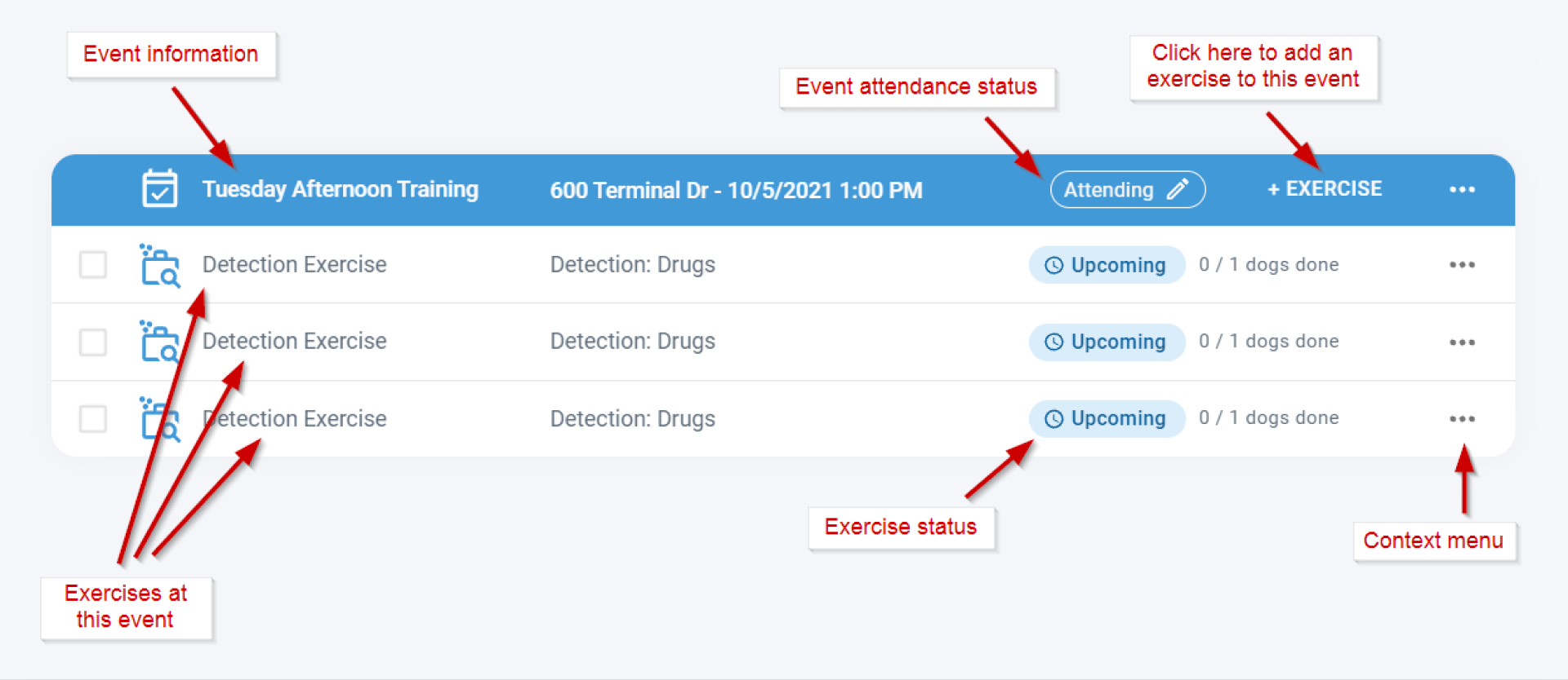 Training event row with attendance status and exercises